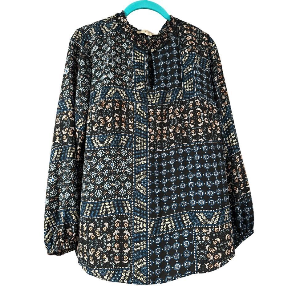 Loft Long Sleeve Boho Blue and Peach Ditzy Floral Patchwork Shirt MP med petite